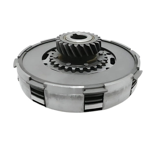 Metal clutch assembly with gear cogs and spring plates