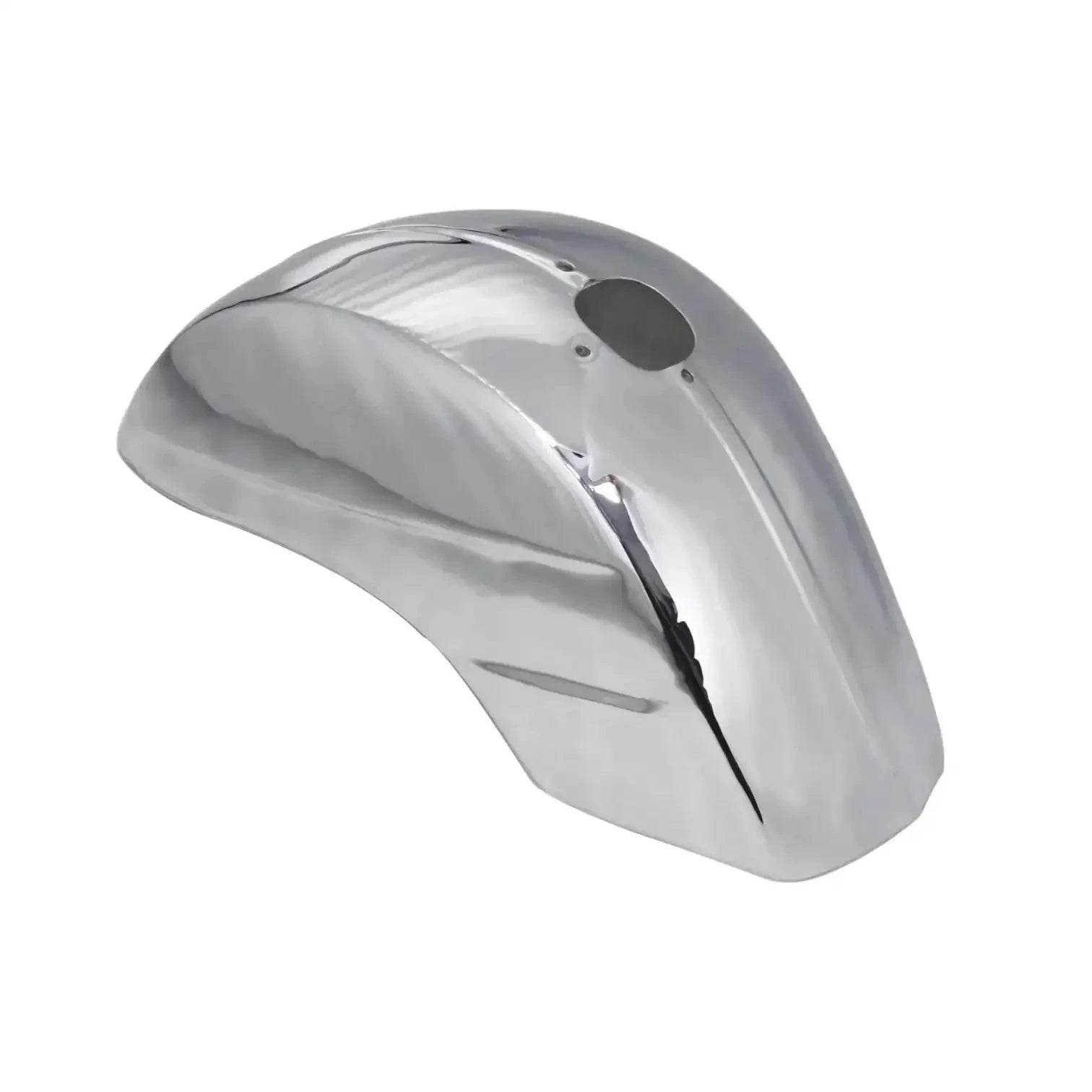 Front mudguard chrome-plated metal with top hole and V-shaped bracket cutout.