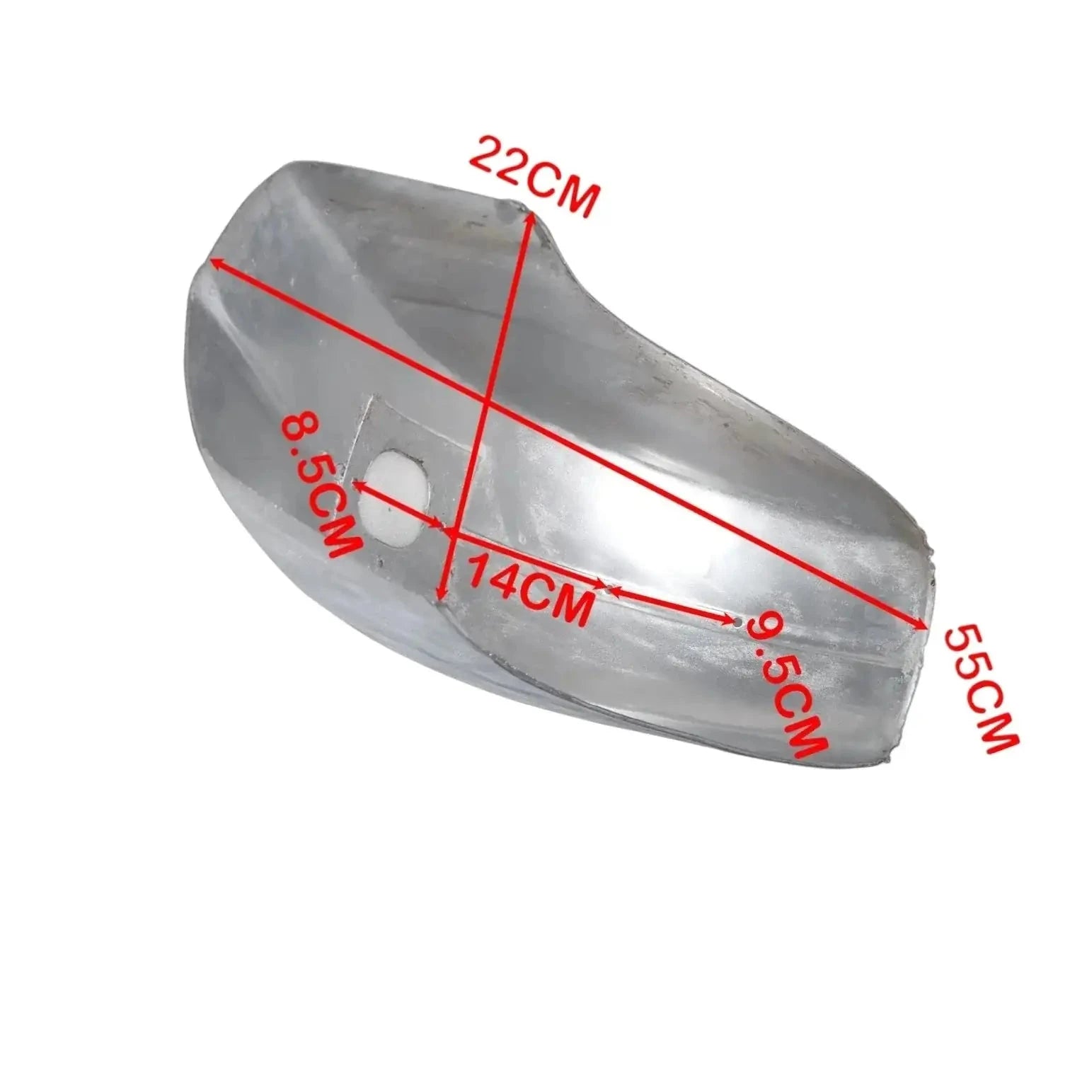 Front mudguard chrome-plated metal; size marks show 22cm x 14cm x 8.5cm.