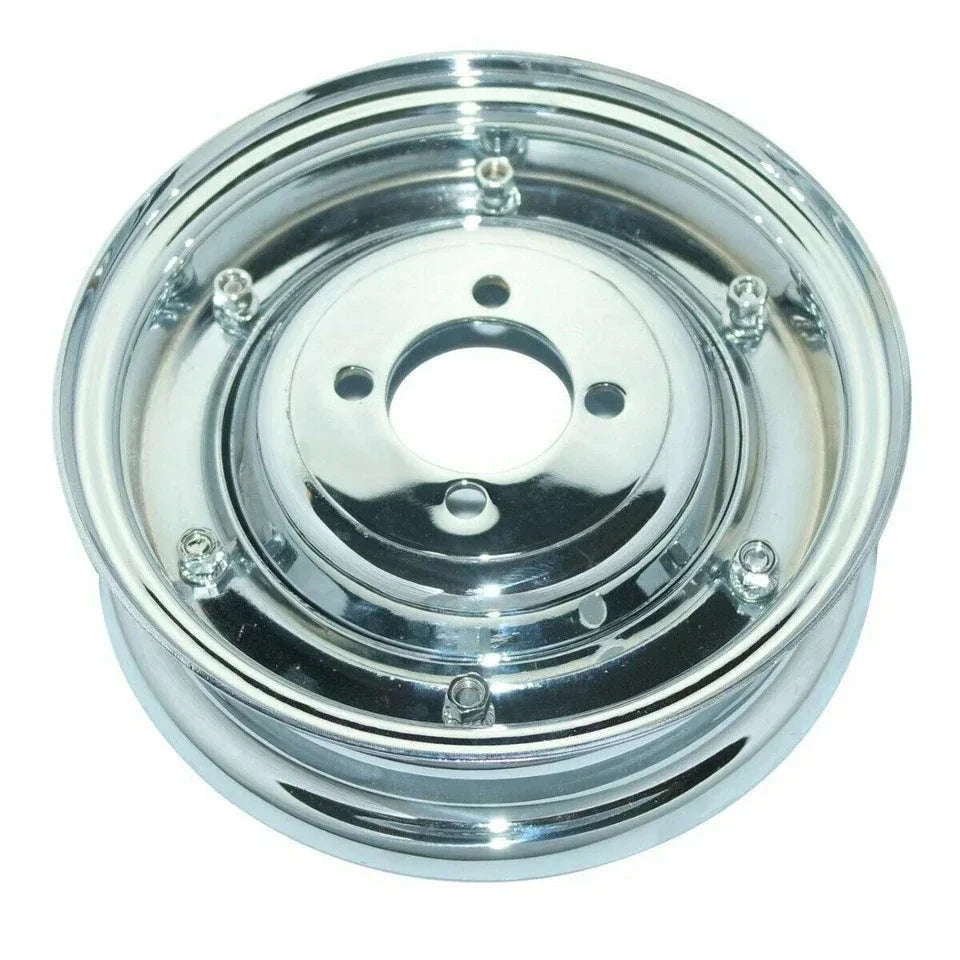 Chrome wheel rim with circular hub opening, bolt holes, and polished outer ring