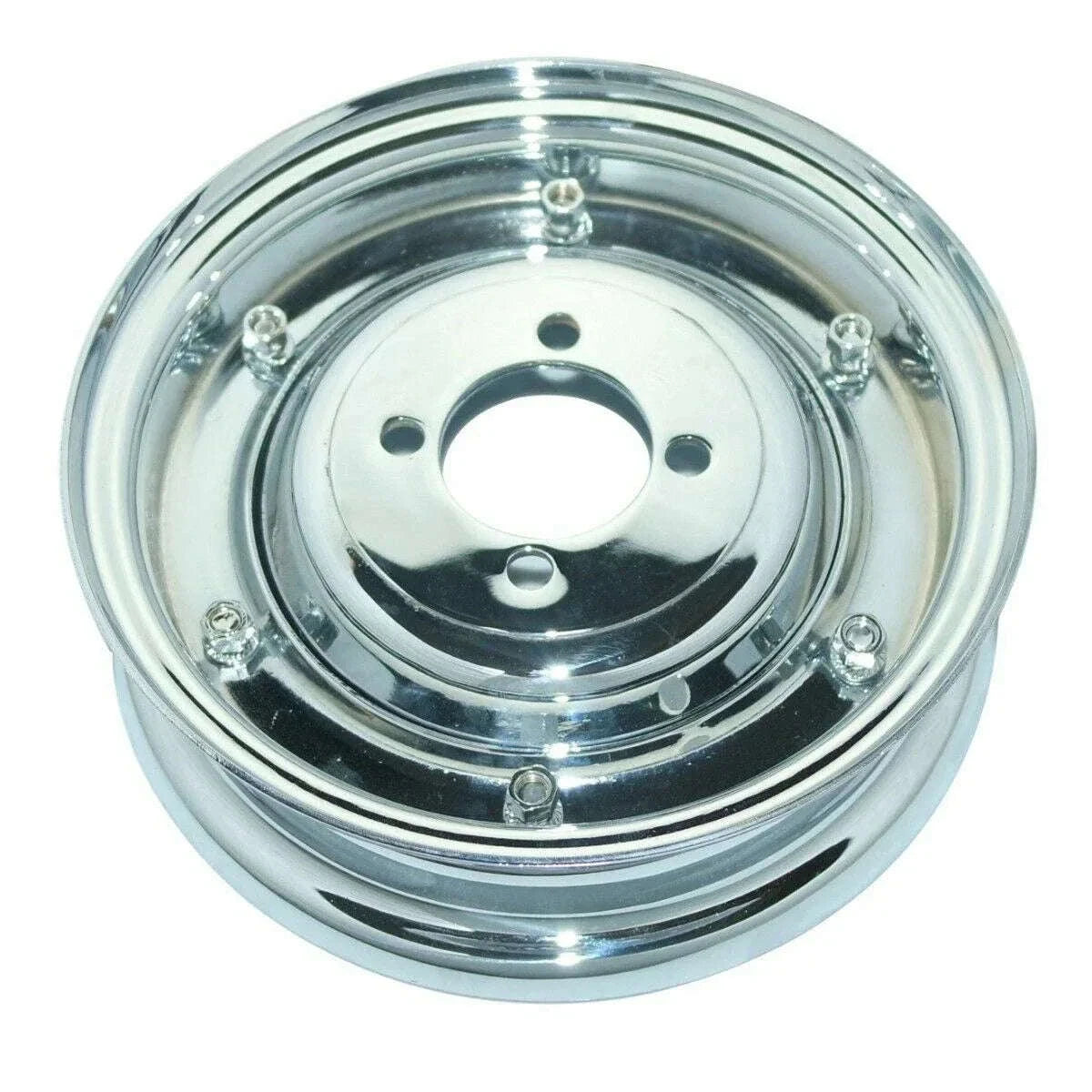 Chrome wheel rim, 3.50 in x 8 in, mounting bolt holes and center opening