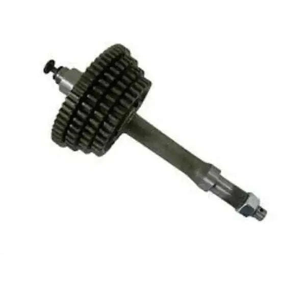 Gear box main shaft assembly featuring black gears and a metal splined shaft