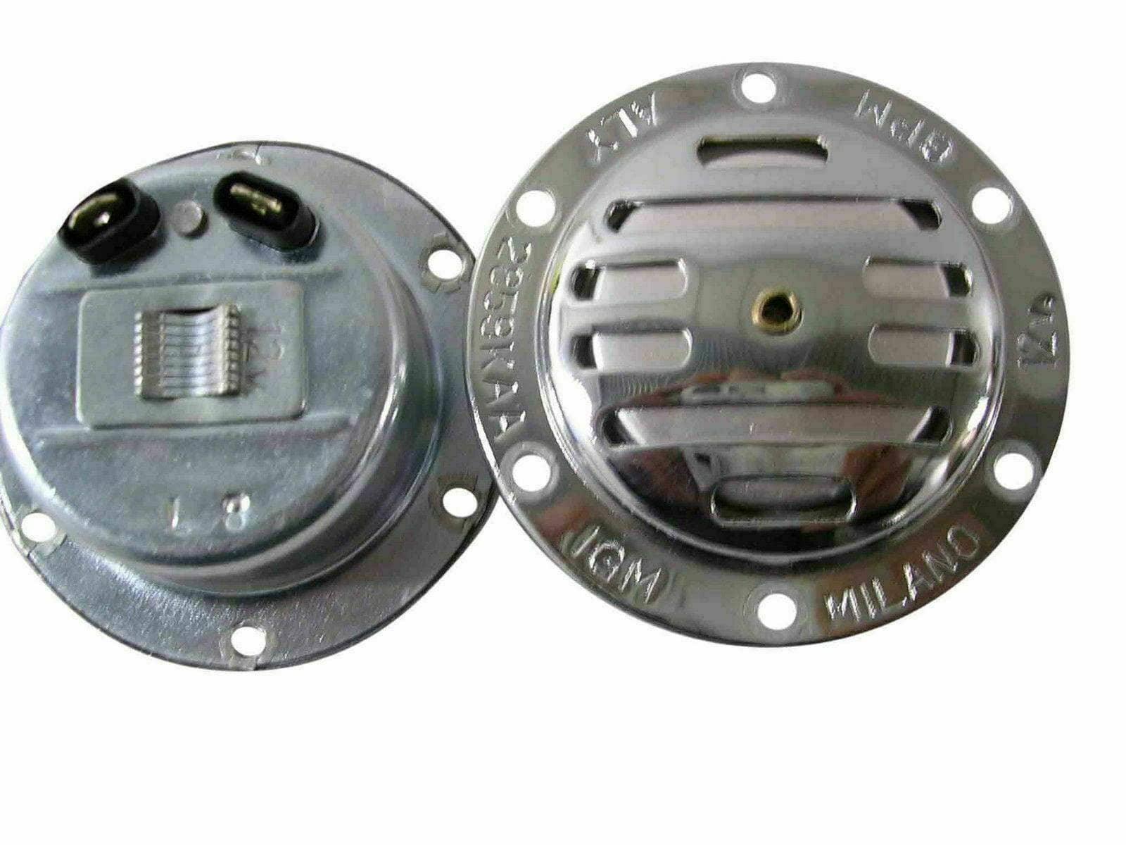 Chrome round scooter horn housing with mounting holes and vented grill