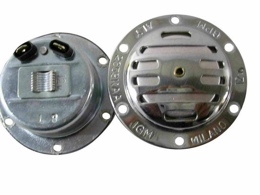 Chrome round scooter horn housing with mounting holes and vented grill