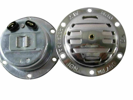 Chrome round scooter horn housing with mounting holes and vented grill