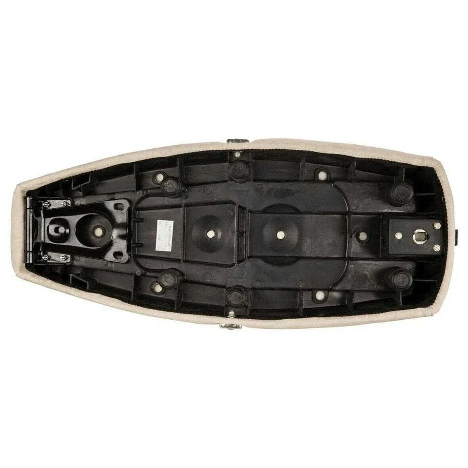 Vespa scooter seat saddle with beige cover and exposed black mounting base