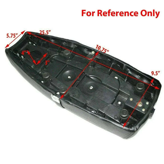 Single-seat saddle base, dark brown underside with mounting holes and hardware