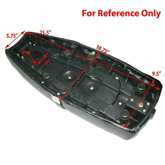 Single-seat saddle base, dark brown underside with mounting holes and hardware