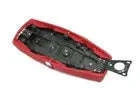 Red saddle base cover with black mounting plate and metal latch