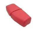 Red padded saddle end with stitched seams and rounded shape