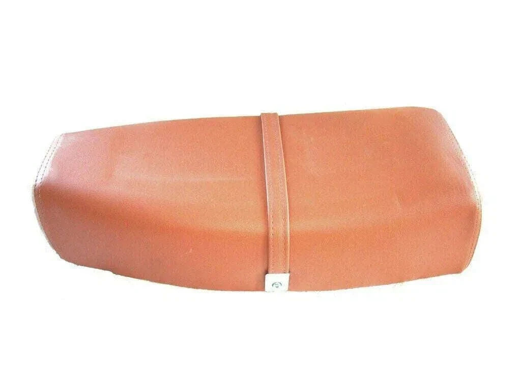 Tan scooter seat saddle with curved one-piece cushion and center seam