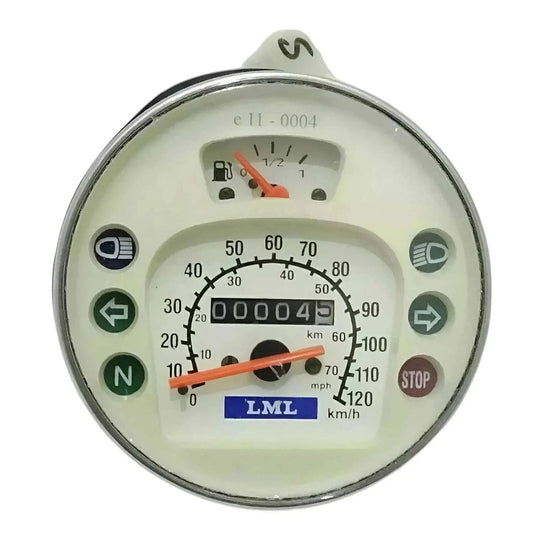Speedometer gauge with chrome bezel, orange needles, km/h and mph scales, LML label.
