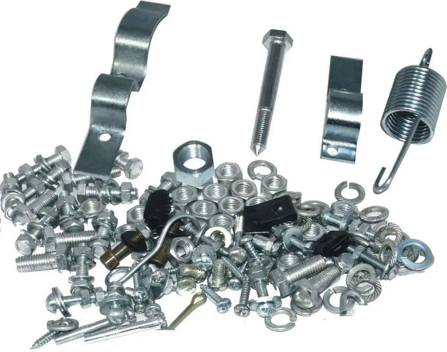 Vespa PX nut and bolt hardware kit with silver nuts, bolts, washers, and spring clips