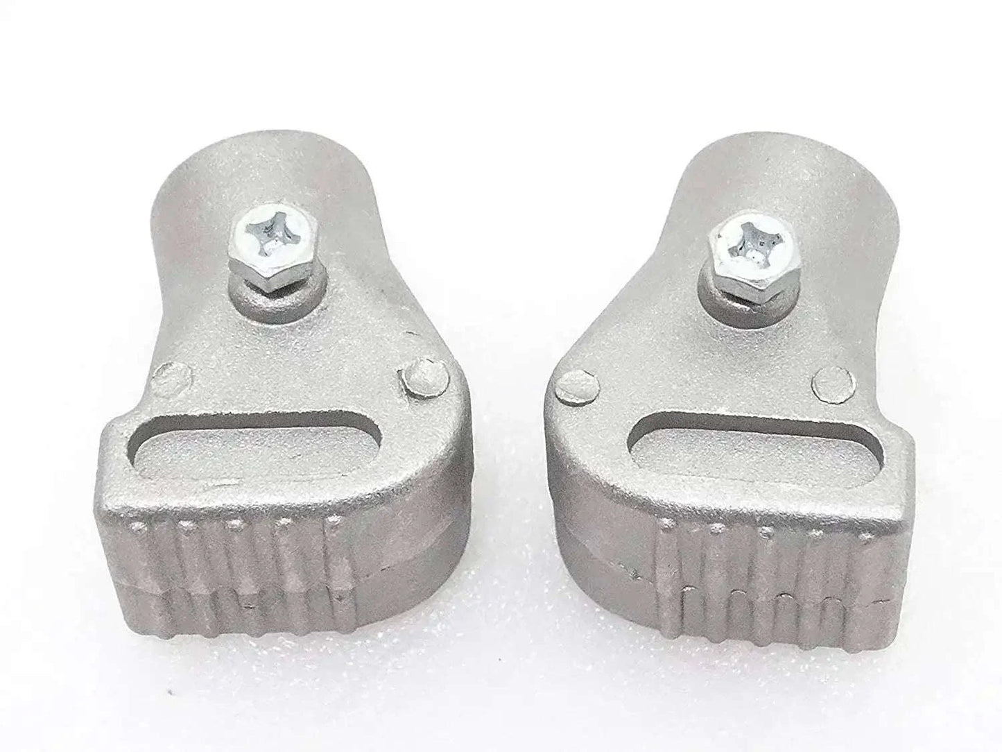 Pair of grey alloy stand feet with mounting bolt tabs