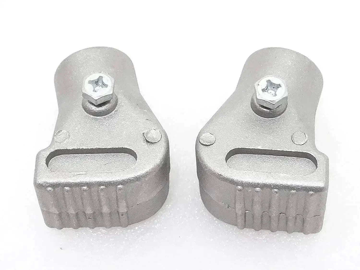 Pair of grey alloy stand feet with mounting bolt tabs