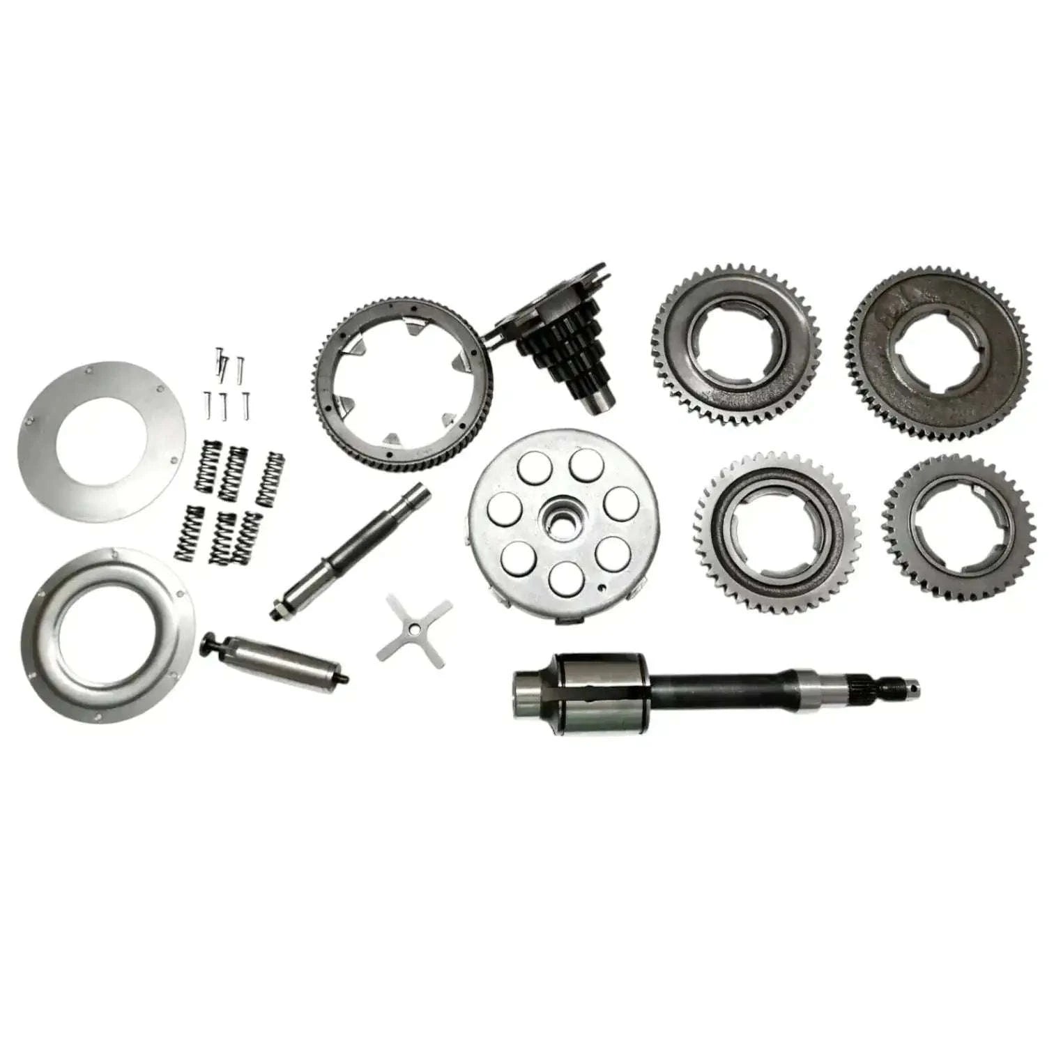 Clutch and gearbox parts kit with multiple gears, clutch hub plate, and shaft
