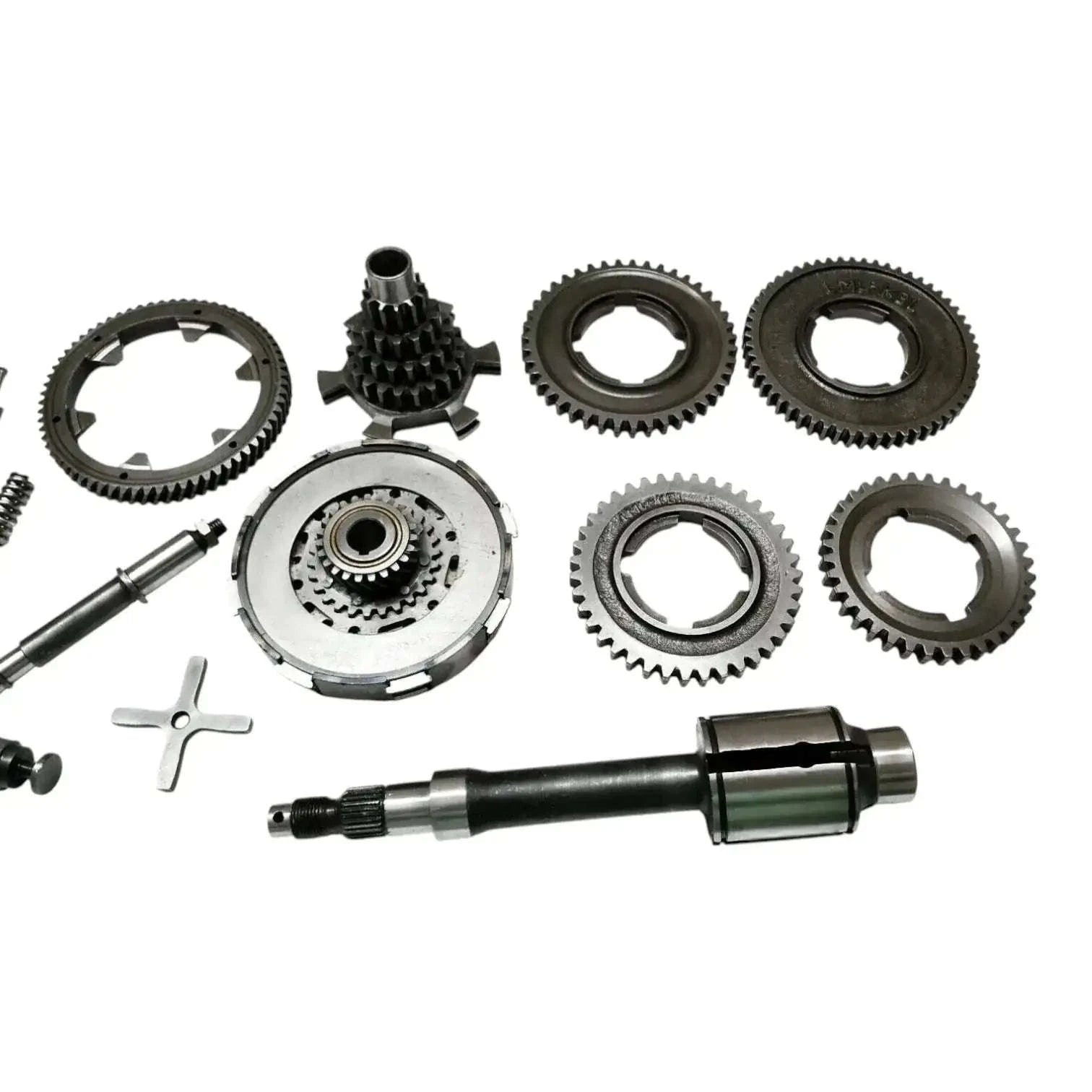 Clutch gearbox parts kit with gears, clutch plate, and long splined shaft