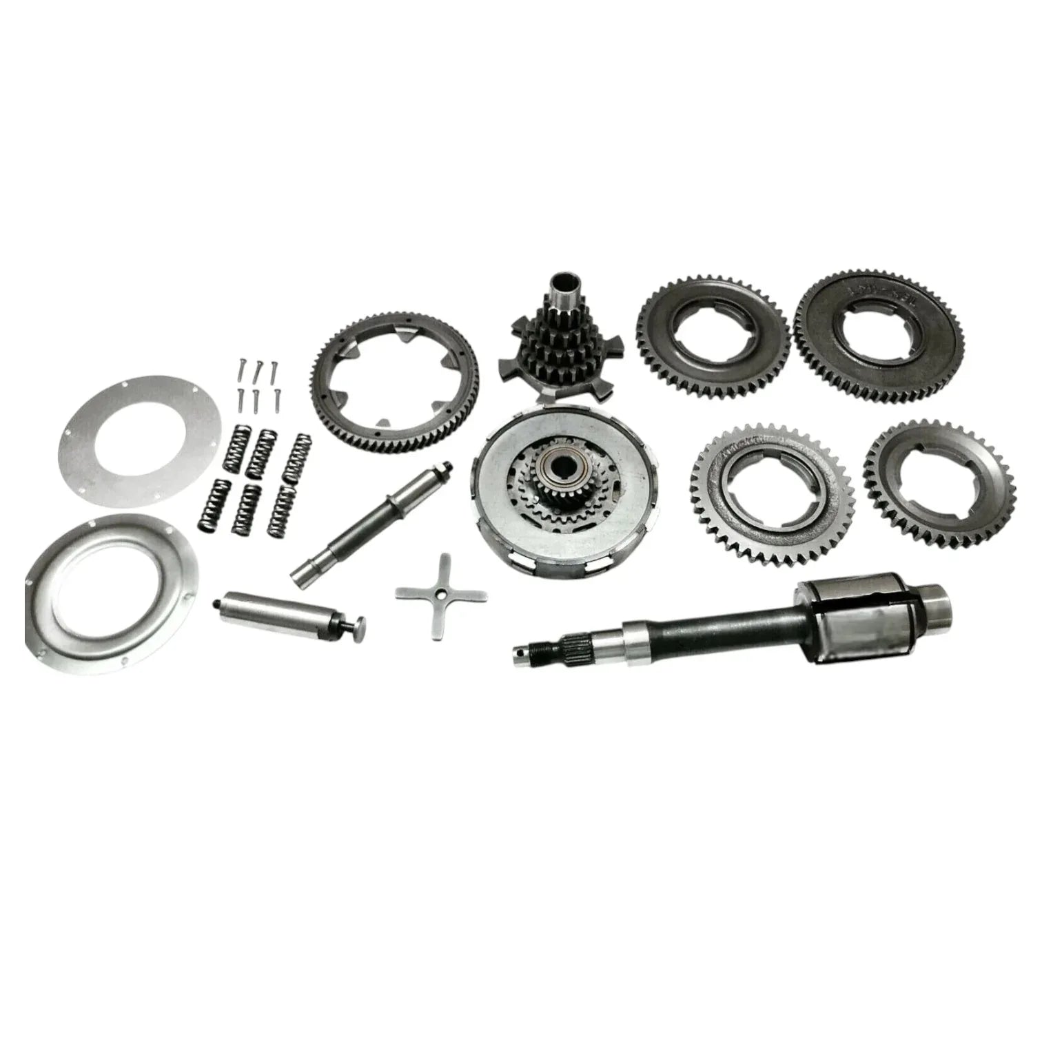 Vespa PX200 gearbox replacement kit, includes steel clutch shaft and various gears for scooter maintenance