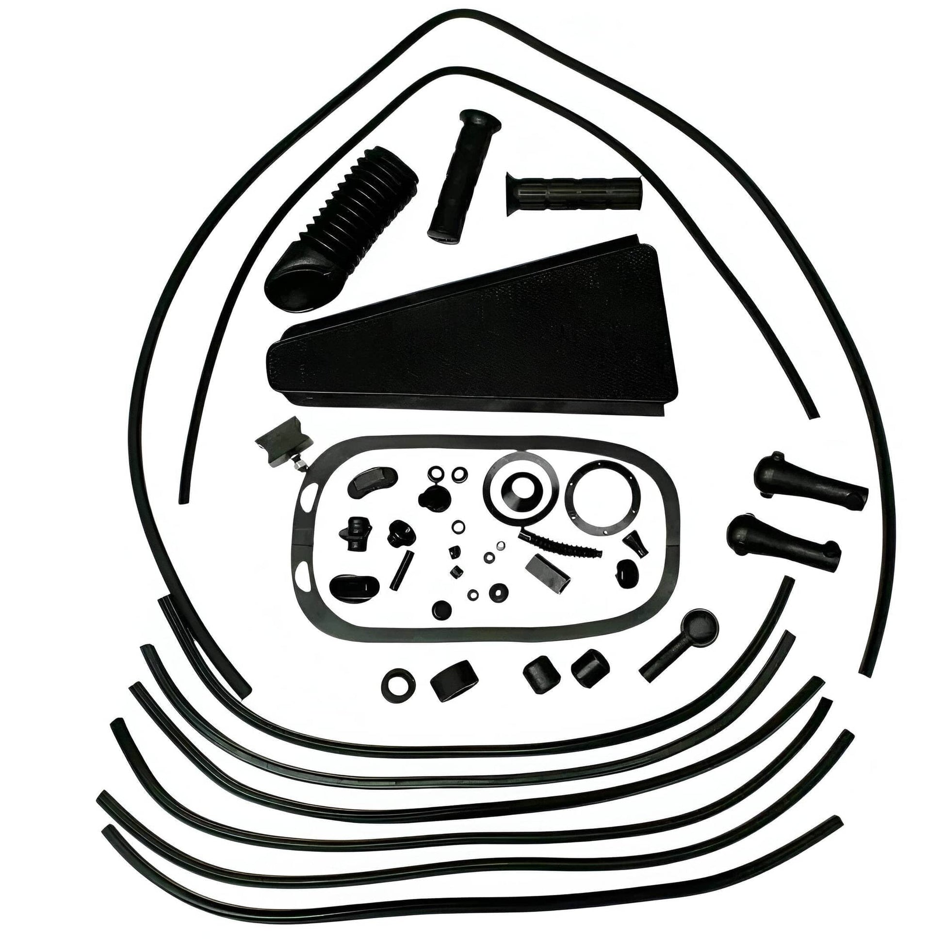 Vespa rubber kit black with various components for full body motorcycle fitment