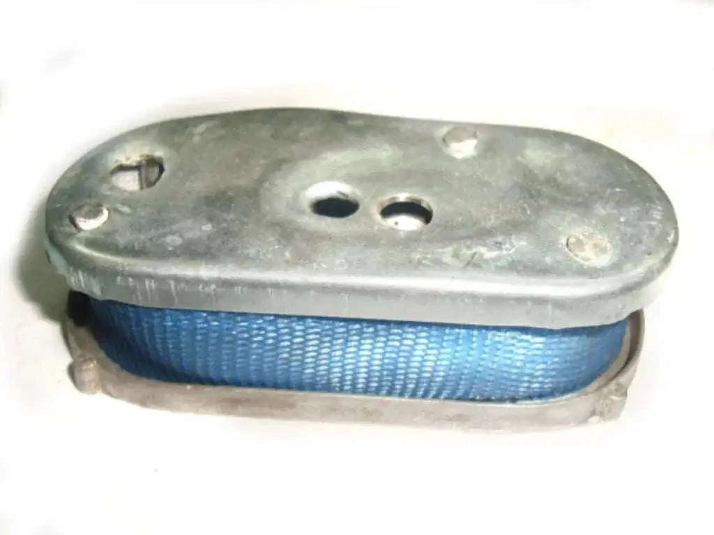 Carburettor air filter with blue mesh and oval metal housing, mounting holes