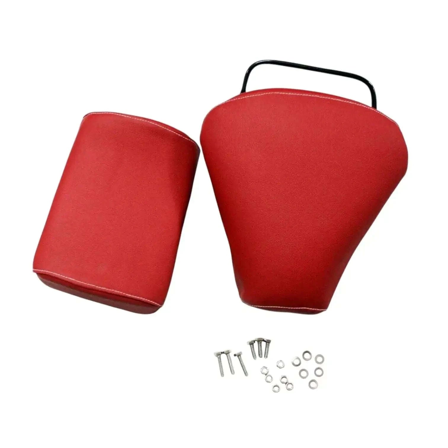 Red seat pads with black handle, with mounting screws and bolts