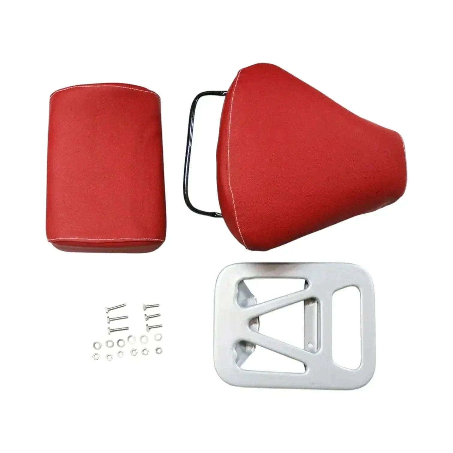 Red seat pads with black handle, chrome bracket, bolts and washers