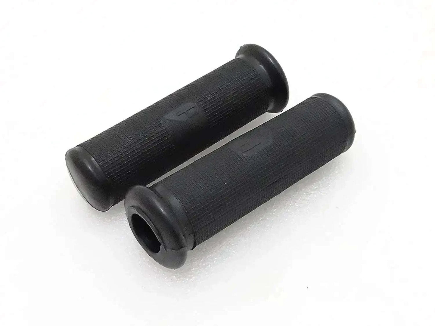 Pair of black rubber handle grips with textured surface and flared ends
