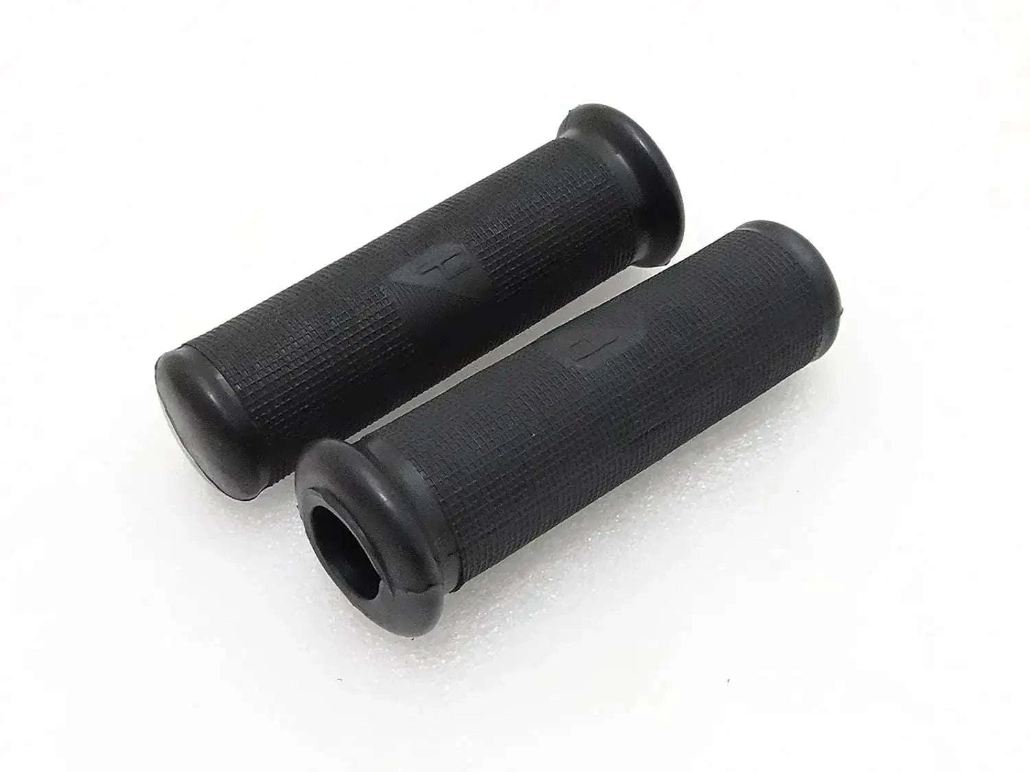 Pair of black rubber handle grips with textured surface and flared ends