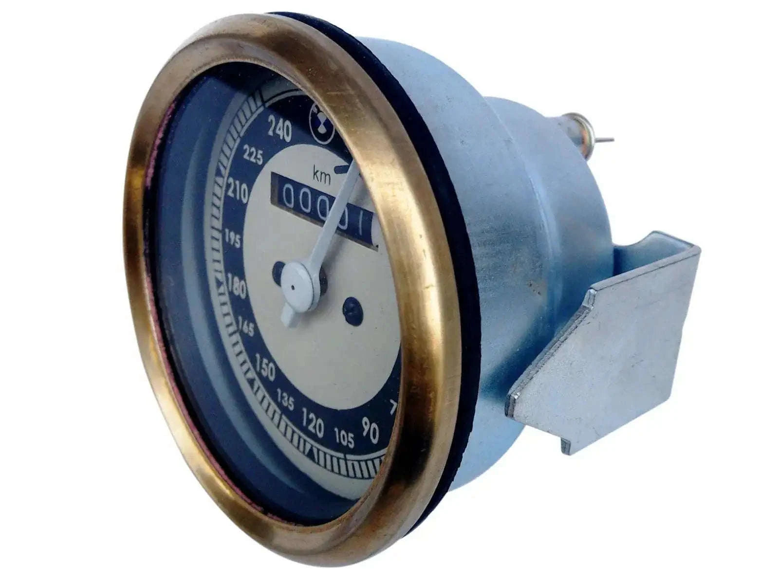 Speedometer gauge with brass bezel, blue and cream dial, km/h scale, needle visible