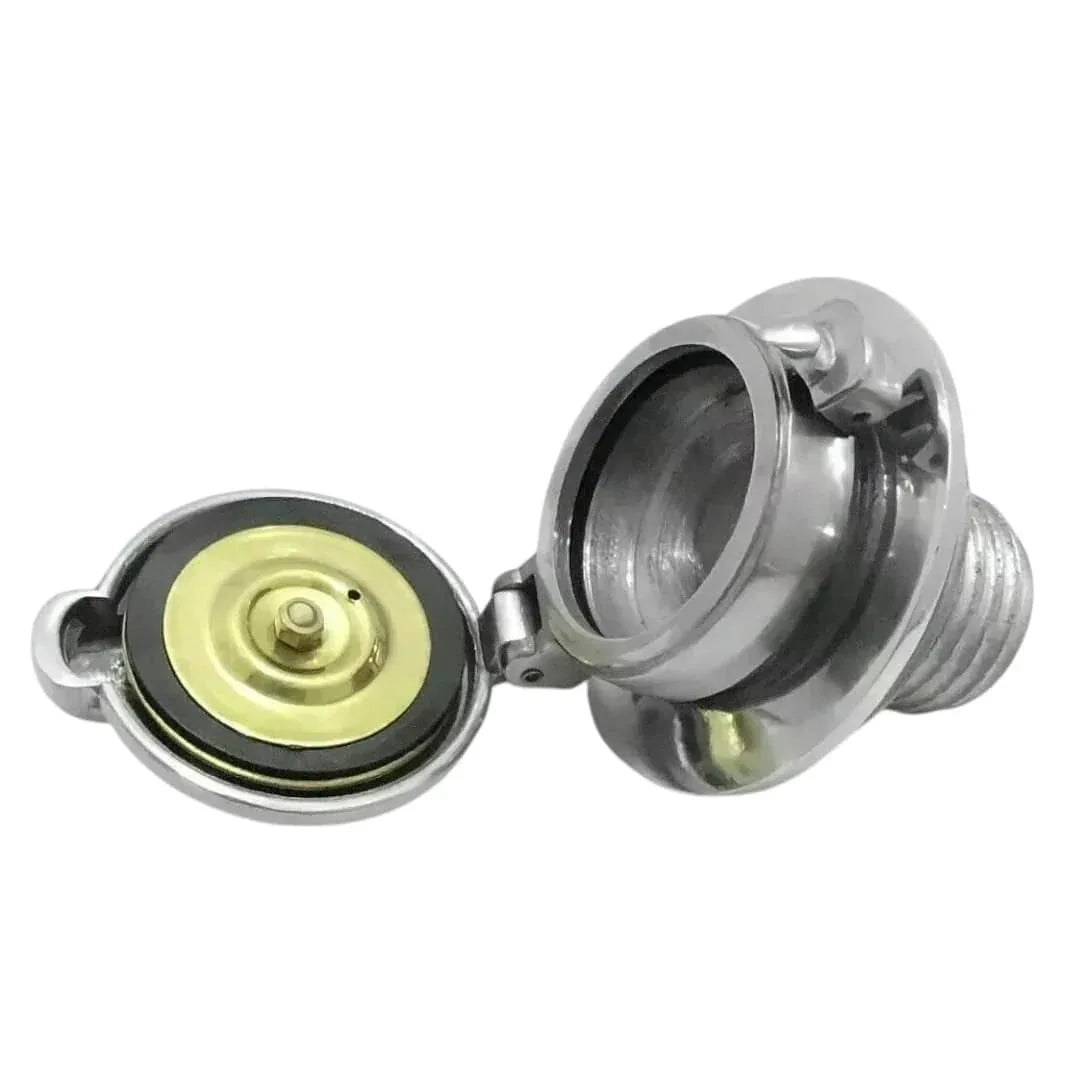 Metal fuel tank cap with black gasket and yellow insert, with threaded silver adapter