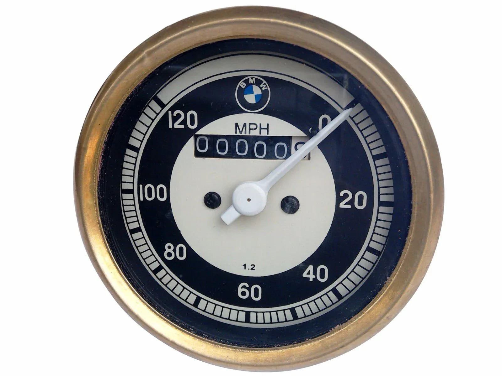 Round vintage car speedometer dial with BMW logo, blue face, golden rim, mph scale