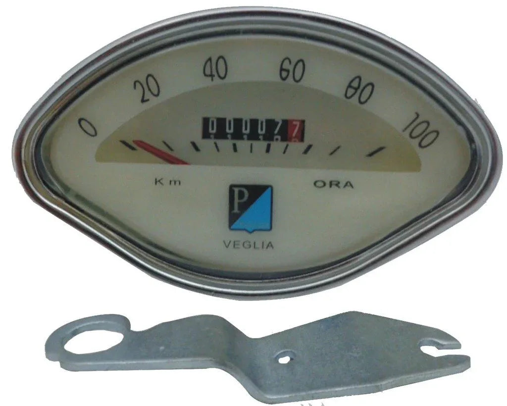 Vintage Vespa speedometer, oval glass, durable metal casing, essential for Vespa restoration projects