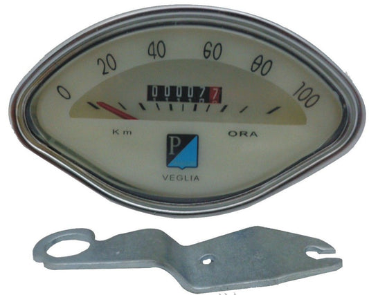 Vintage Vespa speedometer, oval glass, durable metal casing, essential for Vespa restoration projects