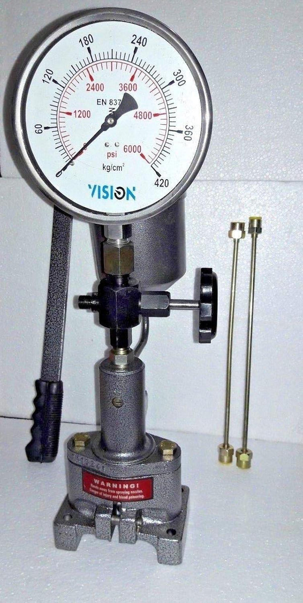 Diesel injector pop tester with pressure gauge and nozzle fittings