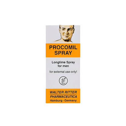 Procomil spray for men in a white and orange box with instructions for external use only