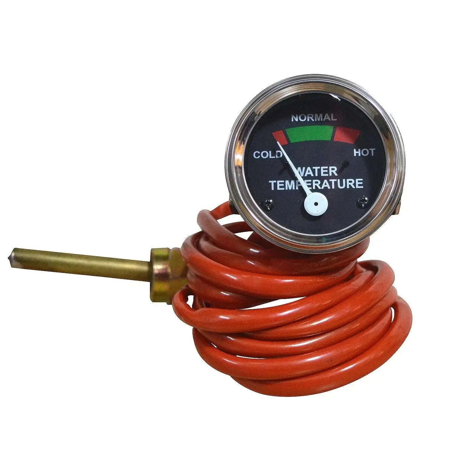 Water temperature meter with circular gauge, red coiled wire, and brass probe
