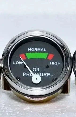 Circular oil pressure gauge with LOW, NORMAL, HIGH indicators and colored bars