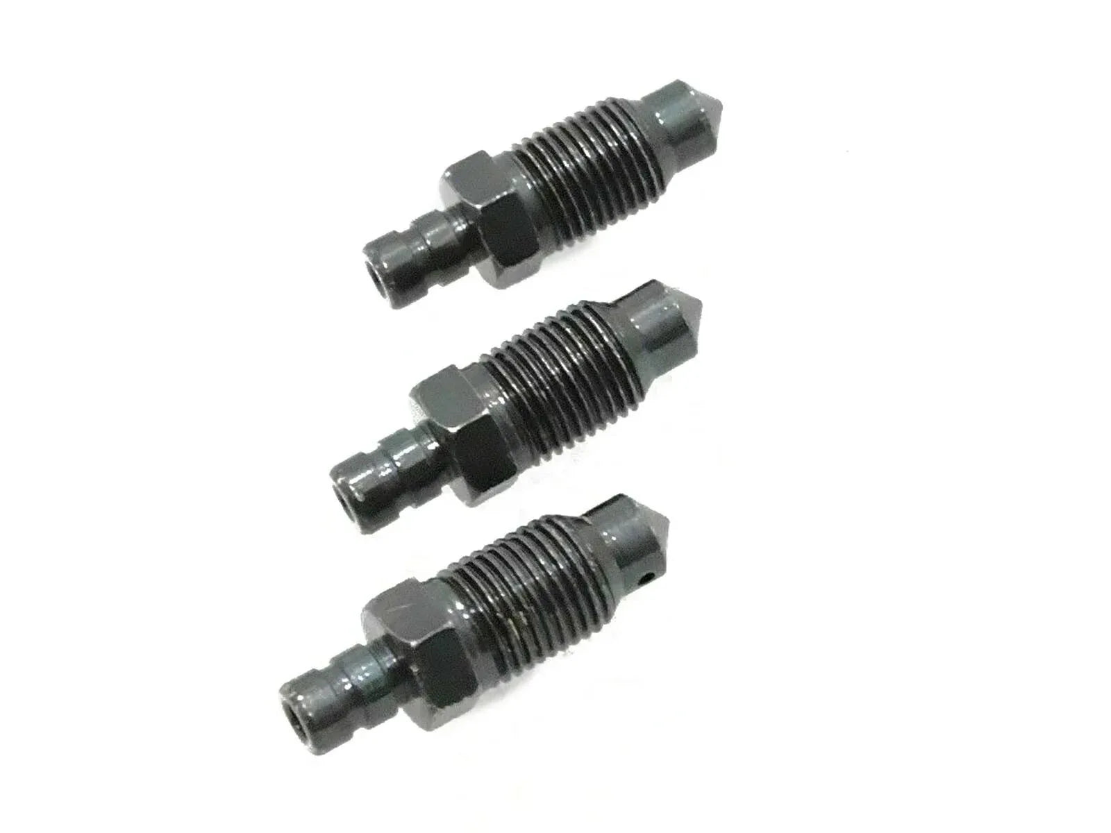 Brake wheel cylinder bleed screws, three metal threaded fittings with hex ends