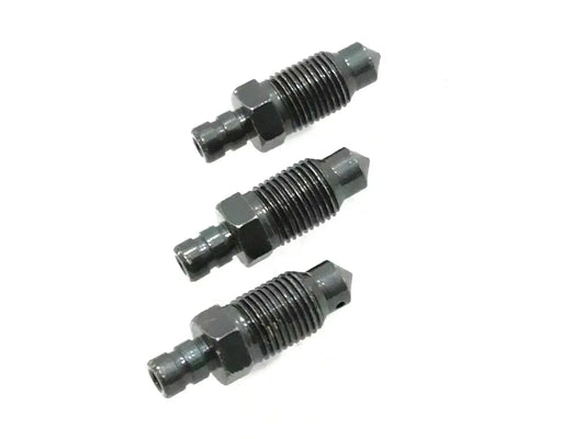 Brake wheel cylinder bleed screws, three metal threaded fittings with hex ends