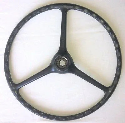 Black three-spoke steering wheel with center hub and textured rim