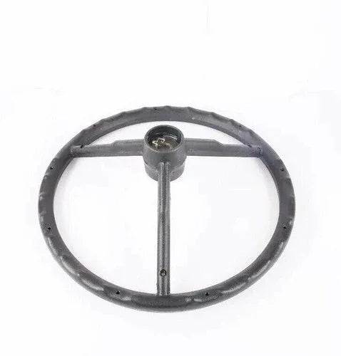 Mahindra tractor steering wheel with dark rubber rim and metal spokes, center hub