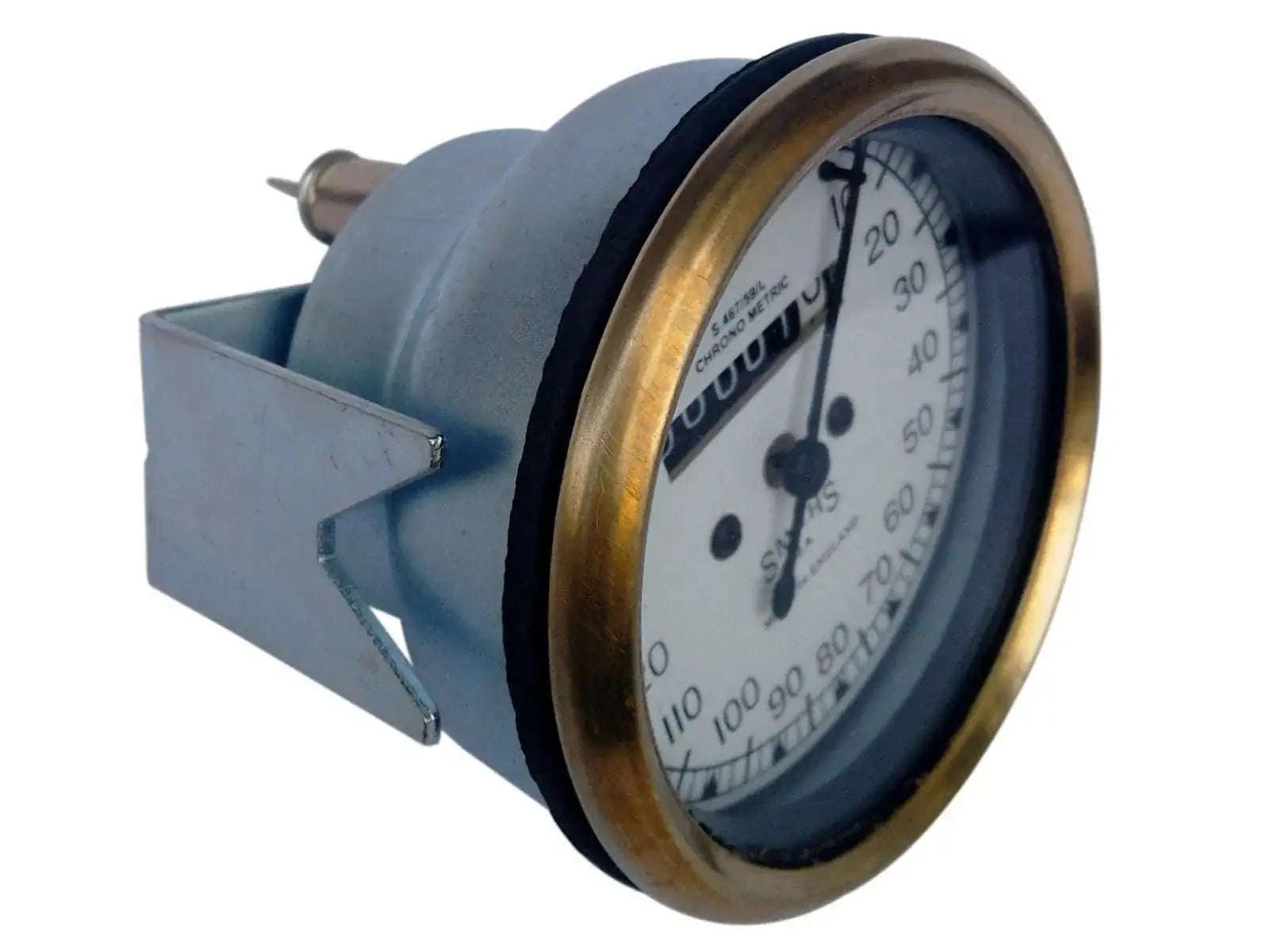 Brass bezel speedometer with white dial, black housing, and needle indicator