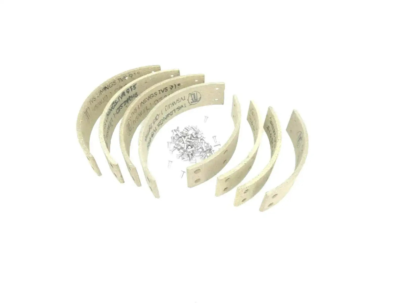 Leather brake shoe pad lining kit with rivets, tan curved strips