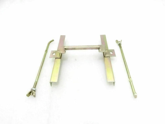 Metal battery hold down unit bracket with mounting rods and bolts
