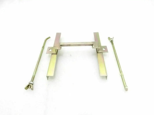 Metal battery hold down unit bracket with mounting rods and bolts