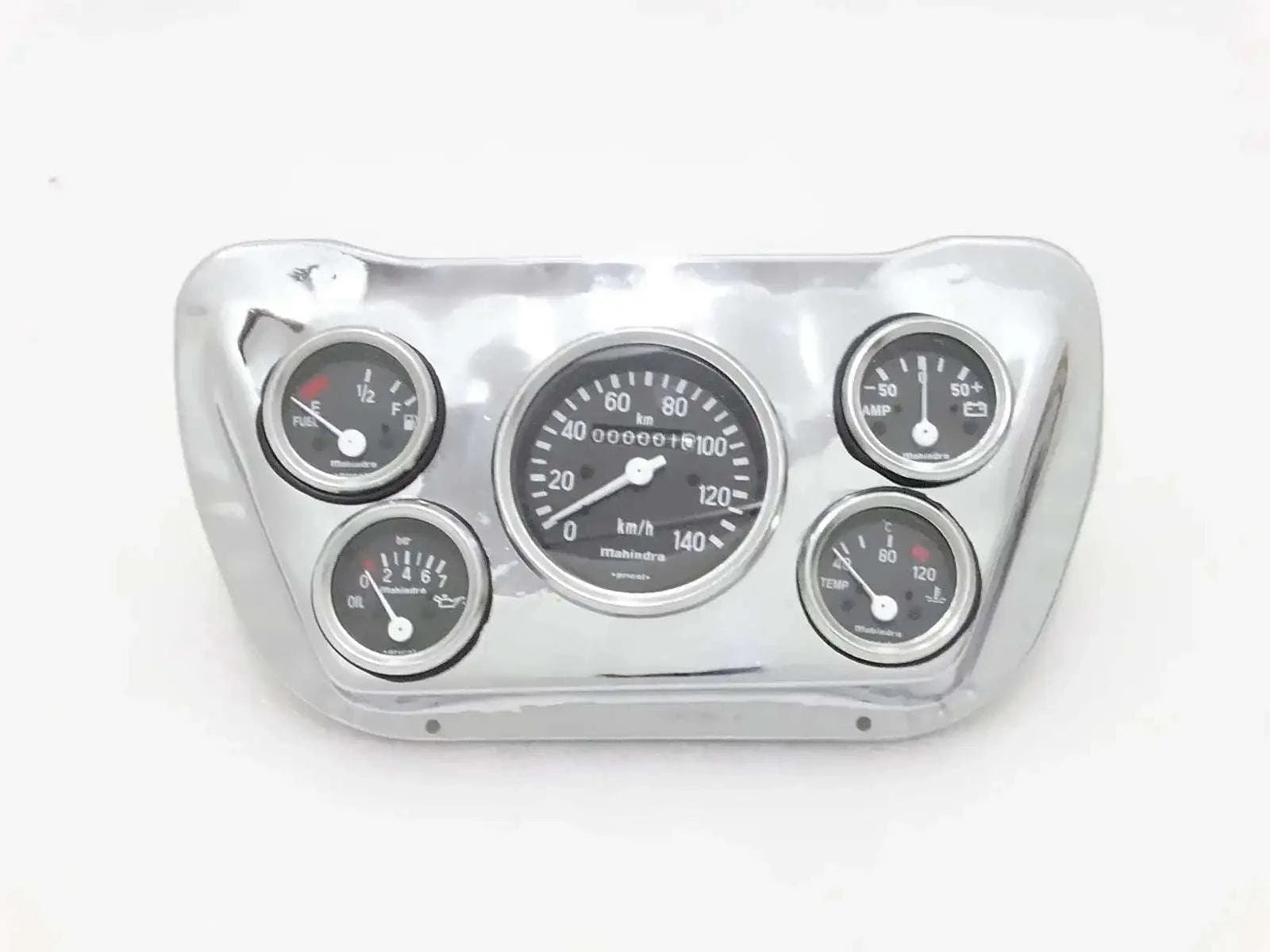 Chrome speedometer mounting plate with four gauges and illuminated dials