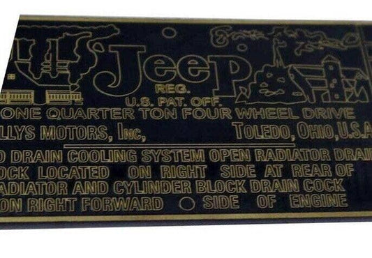 Willys Jeep data plate in brass with detailed engine specifications and manufacturer information