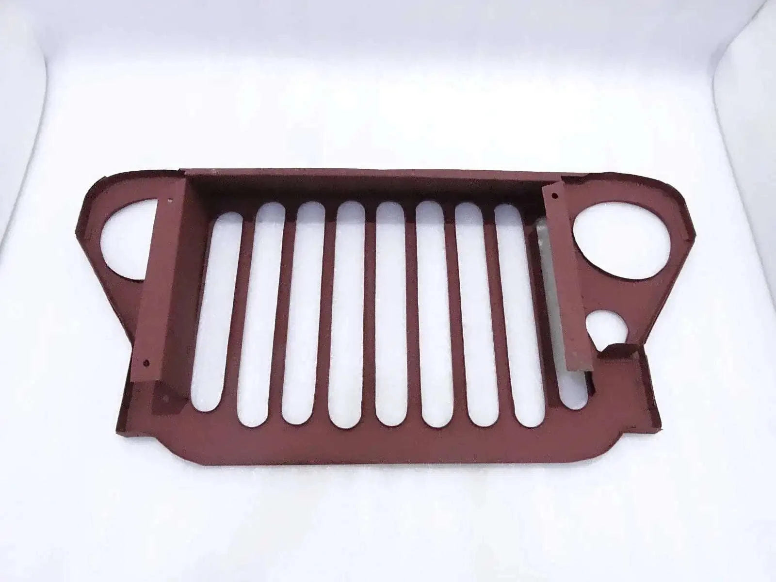 Steel front grille with vertical slats and two round openings, dark brown finish