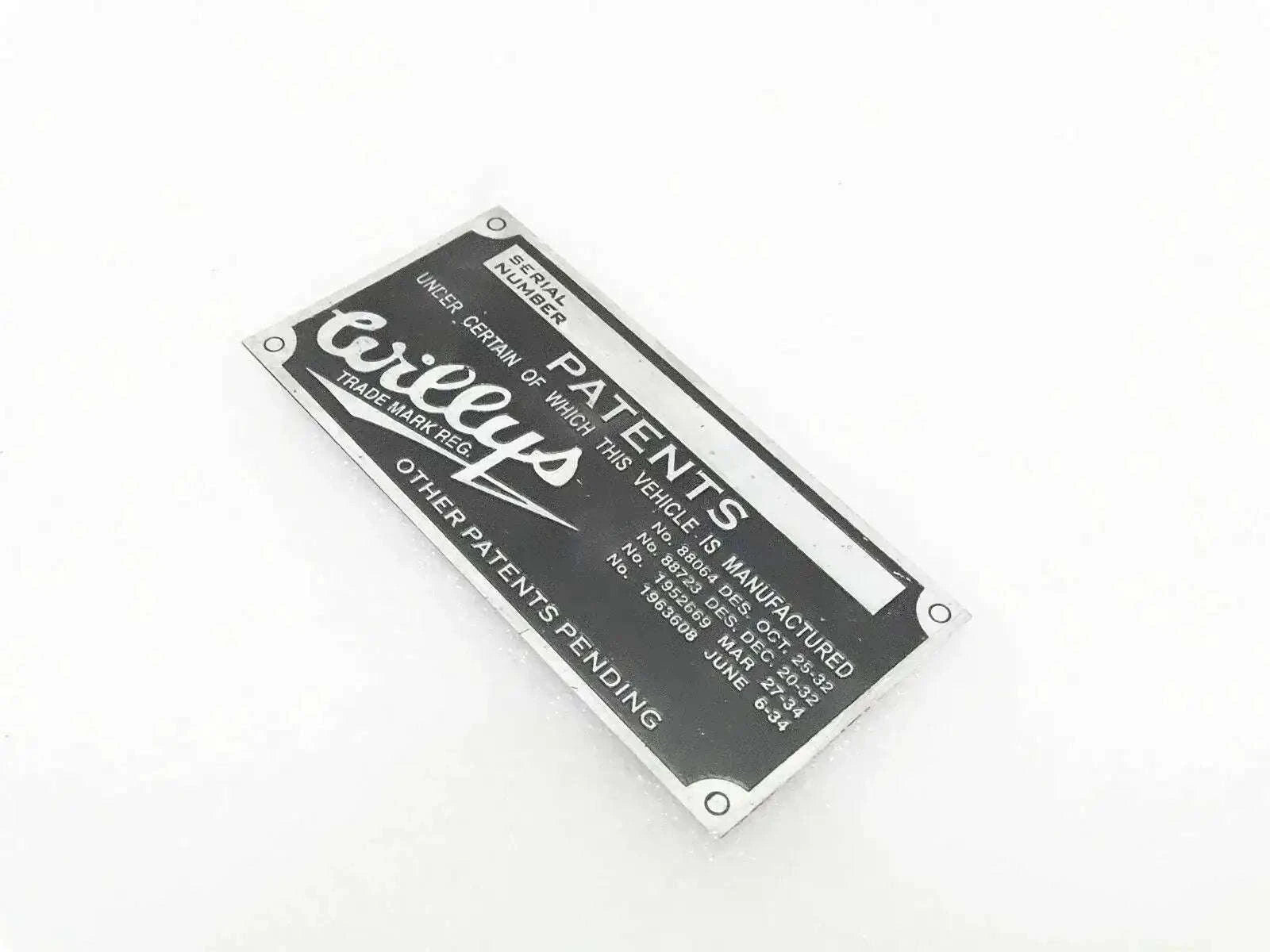 WILLYS JEEP aluminum model data plate with patent text
