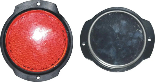 Pair of round reflector lights with red lens and black bezel, two-sided view
